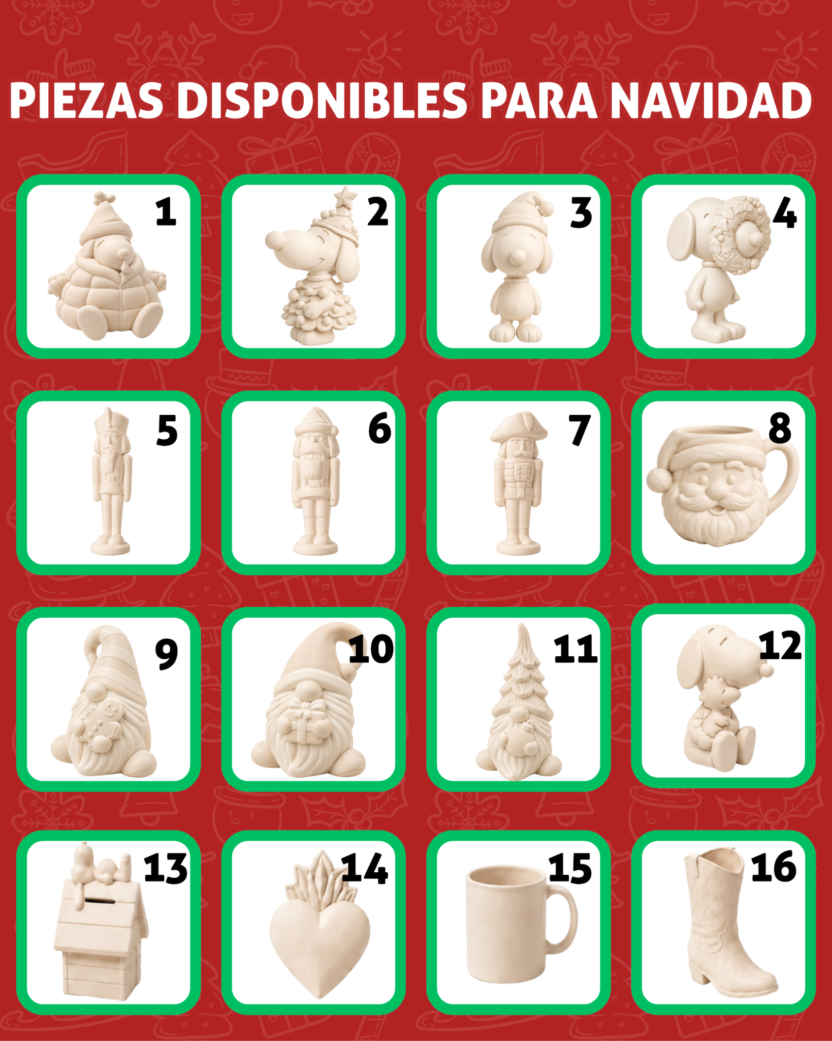 Catálogo de 16 piezas para los talleres de noviembre: Snoopy navideños, cascanueces, gnomos, taza Santa, casita de Snoopy, corazón, taza y bota vaquera