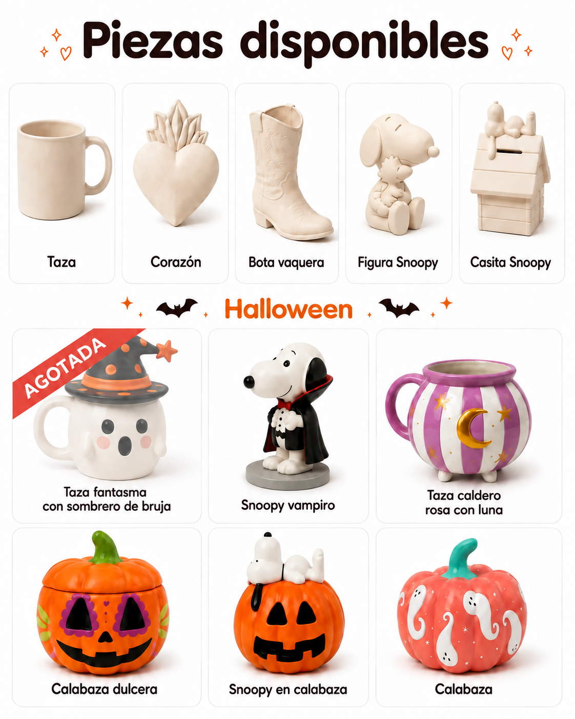Piezas disponibles para pintar en casa; la taza fantasma está agotada